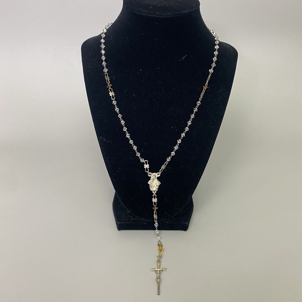 Vintage Crystal Bead Rosary Necklace Accents Crucifix Mary Catholic Religious